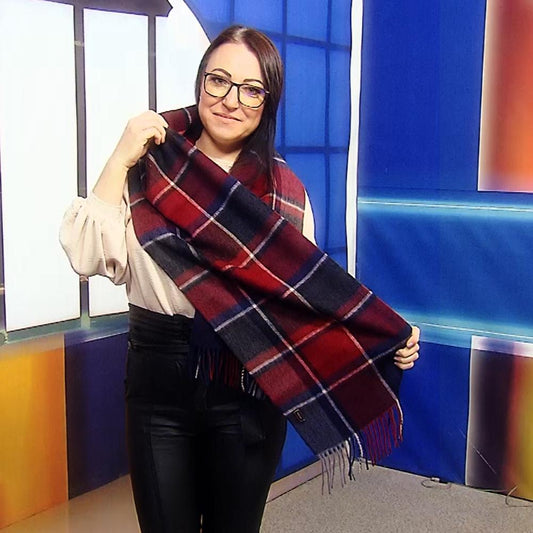 Šála ze 100% Pravé Vlny, 30 cm x 165 cm, Vínový a Námořnicky modrý vzor | -80% Akce na Šperky