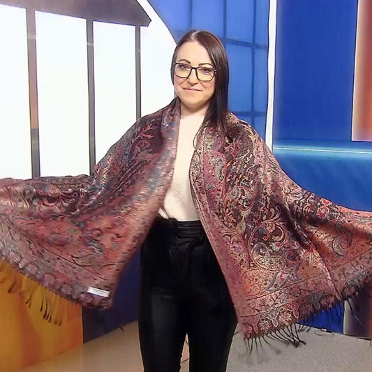 Šála-šátek ze 100% Pravého Pashmina Kašmíru, 70 cm x 180 cm, Černá s barevným vzorem | -80% Akce na Šperky