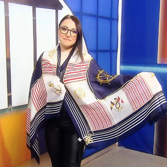 Hedvábná Šála-šátek, 90 cm x 180 cm, Vzor - kormidlo a kotva | -80% Akce na Šperky