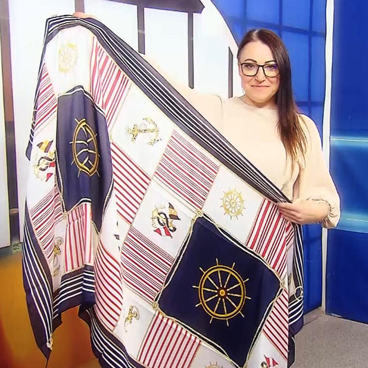 Hedvábná Šála-šátek, 90 cm x 180 cm, Vzor - kormidlo a kotva | -80% Akce na Šperky