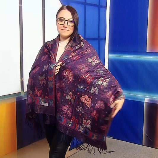 Šála-šátek ze 100% Pravého Pashmina Kašmíru, 70 cm x 170 cm, Lesklá tmavě modrá s motýlím vzorem | -80% Akce na Šperky