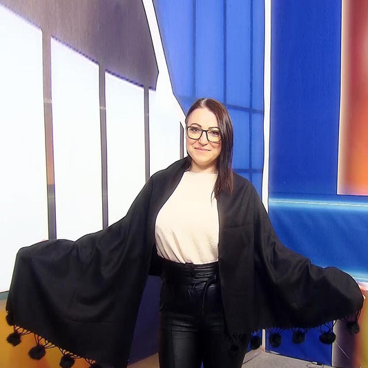 Šála-šátek s Pravou Pom Pom Kožešinou, 60 cm x 170 cm, Černá | -80% Akce na Šperky