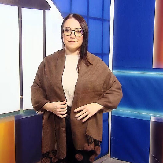 Šála-šátek s Pravou Pom Pom Kožešinou, 60 cm x 170 cm, Hnědá | -80% Akce na Šperky