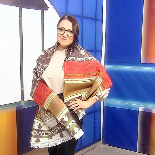 Vlněná šála-šátek, 190 cm x 53 cm, Aztécký vzor, Krémová a hnědá | -80% Akce na Šperky