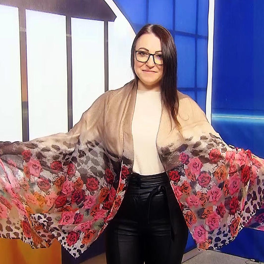 Hnědá Šála-šátek s Růžovým a Leopardím vzorem, 90 cm x 180 cm | -80% Akce na Šperky