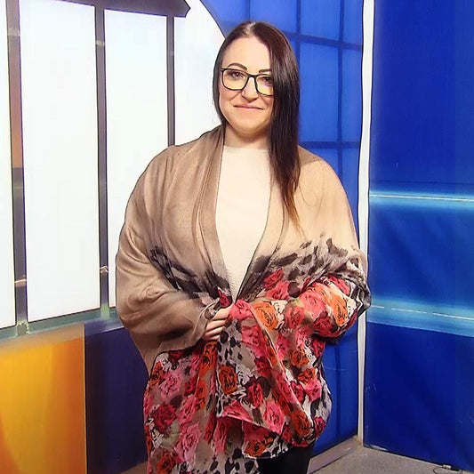 Hnědá Šála-šátek s Růžovým a Leopardím vzorem, 90 cm x 180 cm | -80% Akce na Šperky