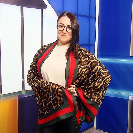 Tlustá Zimní Šála-šátek 90 cm x 180 cm, Leopardí vzor se zelenými a červenými okraji | -80% Akce na Šperky