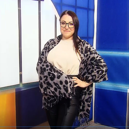 Vlněná šála-šátek, 65 cm x 180 cm, Leopardí vzor, Šedá | -80% Akce na Šperky