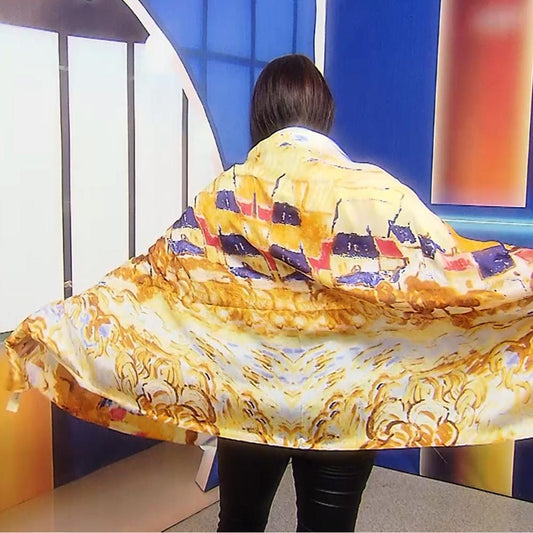 Šála-šátek ze 100% Pravého Hedvábí, 90 cm x 180 cm, Impresionistická vesnice | -80% Akce na Šperky