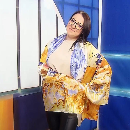 Šála-šátek ze 100% Pravého Hedvábí, 90 cm x 180 cm, Impresionistická vesnice | -80% Akce na Šperky