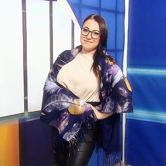 Vlněná šála-šátek, 70 cm x 180 cm, Motiv peří, Námořnická modrá | -80% Akce na Šperky
