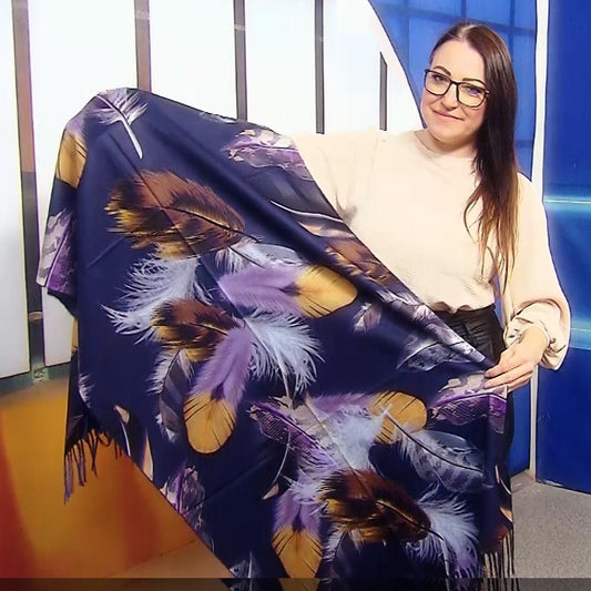 Vlněná šála-šátek, 70 cm x 180 cm, Motiv peří, Námořnická modrá | -80% Akce na Šperky
