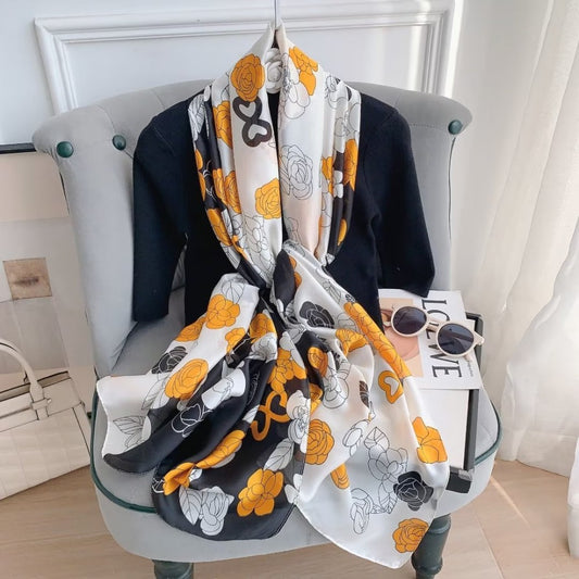 Hedvábný šátek, 90 cm x 180 cm, Květy kamélie, oranžová a bílá, 100% hedvábí