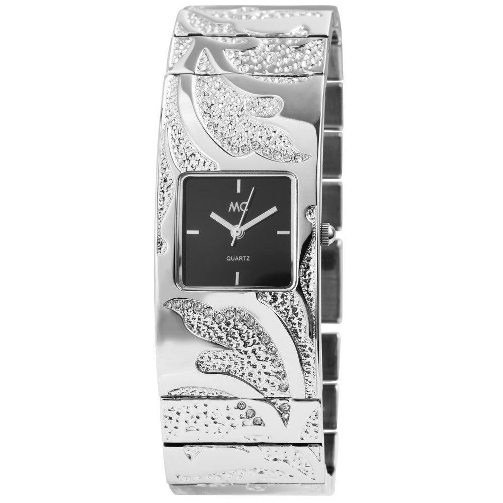 MC dámské hodinky s kovovým řemínkem, stříbrná barva, vysoce kvalitní křemenný mechanismus, ciferník černé barvy | -80% Akce na Šperky