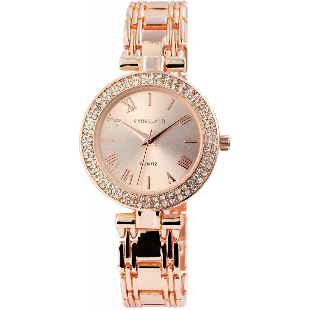 Excellanc dámské hodinky s kovovým řemínkem EX0191, barva růžového zlata, Japonský křemenný mechanismus PC21, ciferník v barvě růžového zlata | -80% Akce na Šperky