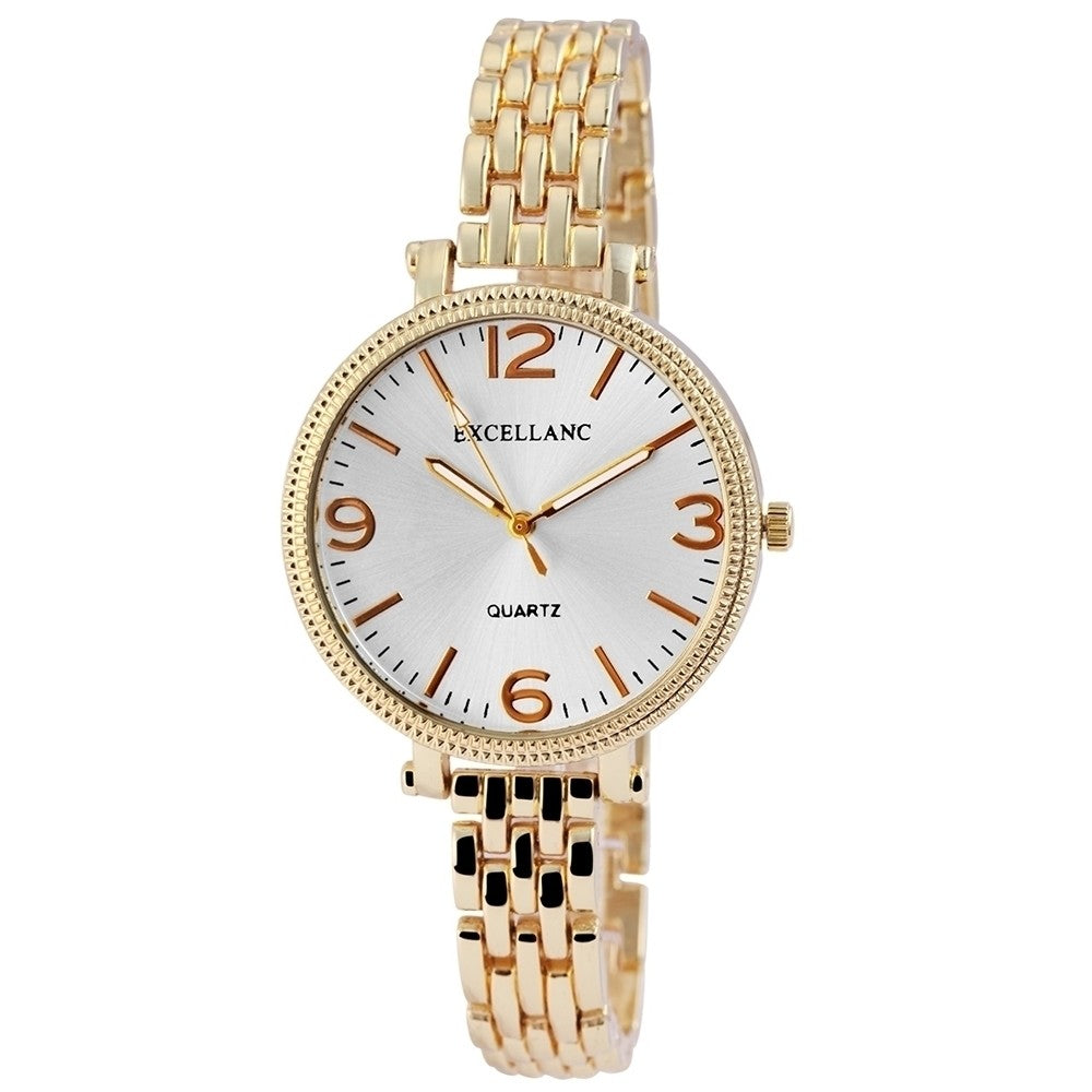 Excellanc dámské hodinky s kovovým řemínkem, zlatá barva, vysoce kvalitní křemenný mechanismus, ciferník stříbrné barvy | -80% Akce na Šperky