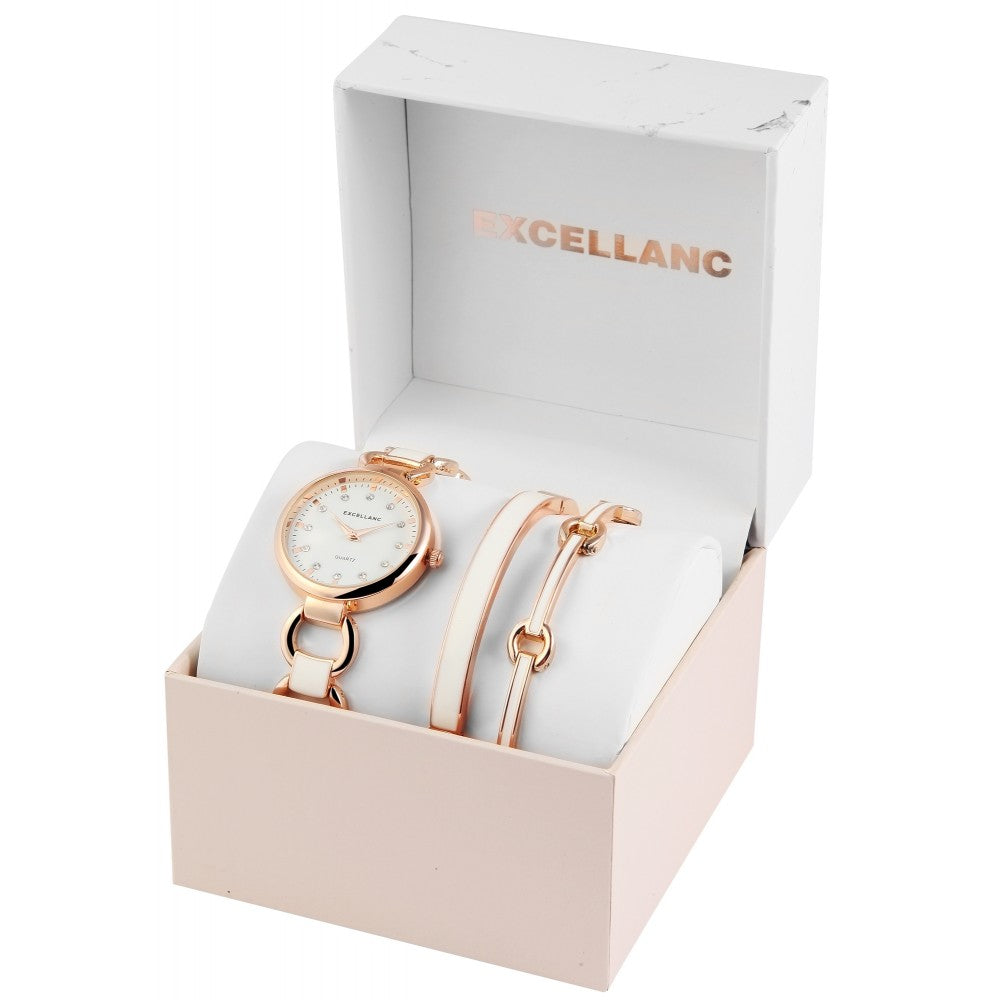 Excellanc dámské hodinky s 2 náramky EX0429, barva růžového zlata, vysoce kvalitní křemenný mechanismus, ciferník bílé barvy | -80% Akce na Šperky