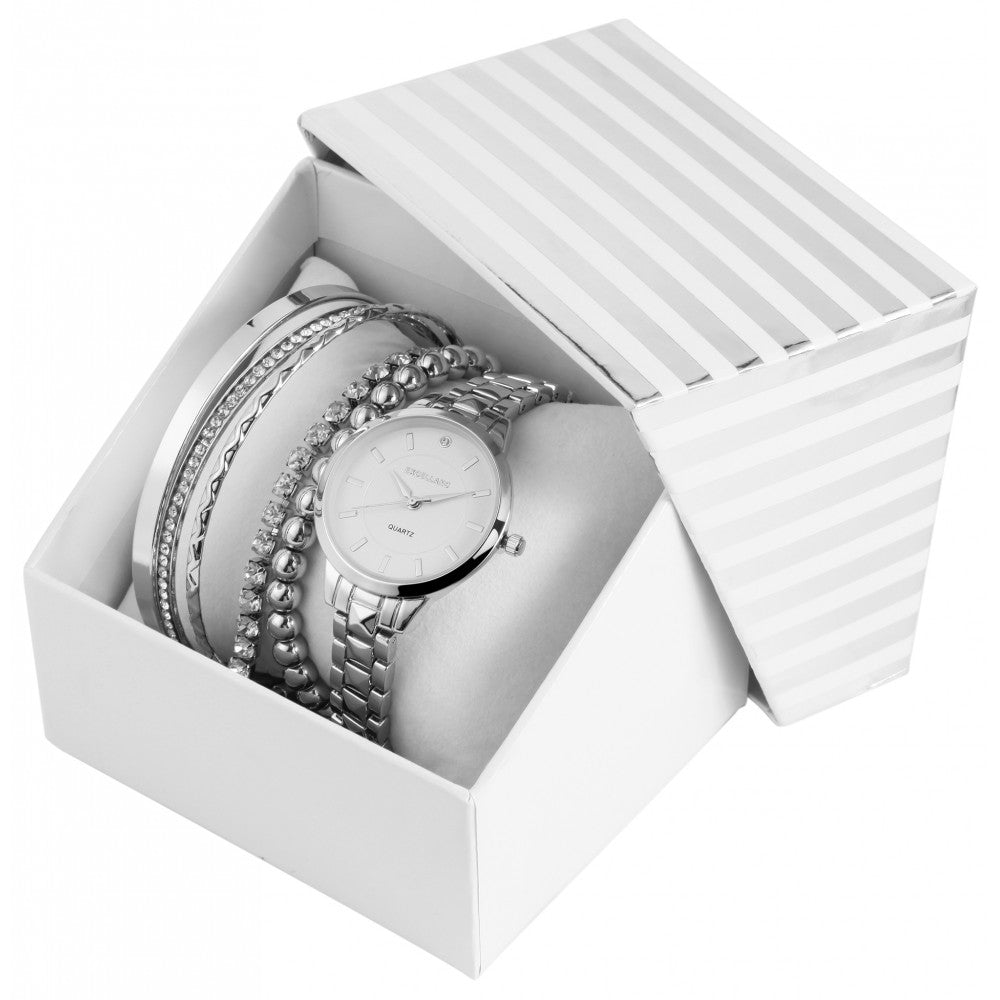 Excellanc dárkový set hodinek: dámské hodinky + 2 náramky, stříbrný tón EX0423, stříbrná barva, vysoce kvalitní křemenný mechanismus, ciferník stříbrné barvy | -80% Akce na Šperky