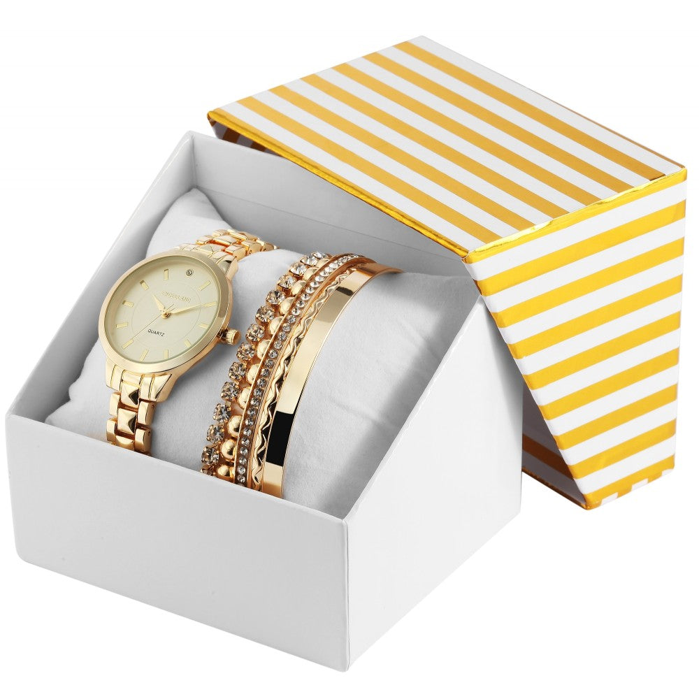 Excellanc dárkový set hodinek: dámské hodinky + 2 náramky, zlatý tón EX0423, zlatá barva, vysoce kvalitní křemenný mechanismus, ciferník žluté barvy | -80% Akce na Šperky