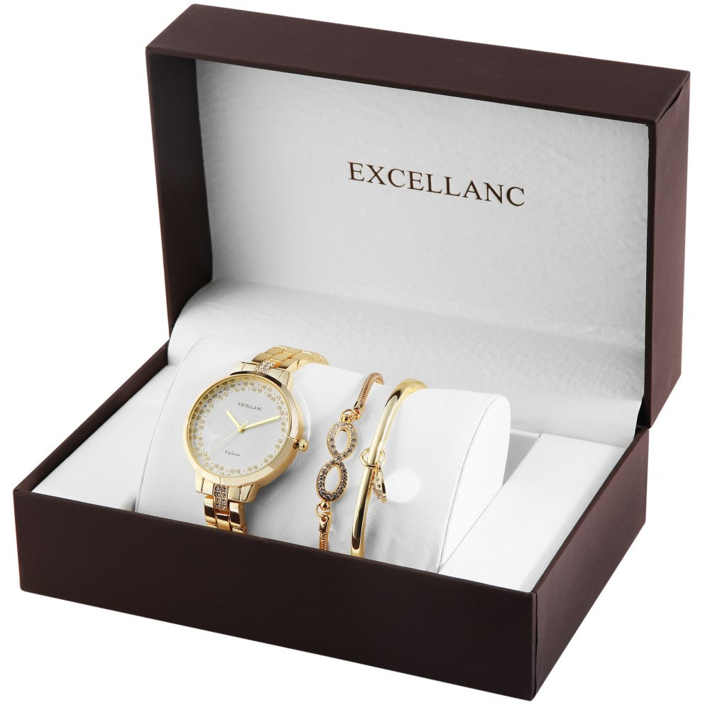 Excellanc dárkový set hodinek: dámské hodinky +2 náramky, zlatý tón, zlatá barva, vysoce kvalitní křemenný mechanismus, ciferník v bílé barvě | -80% Akce na Šperky