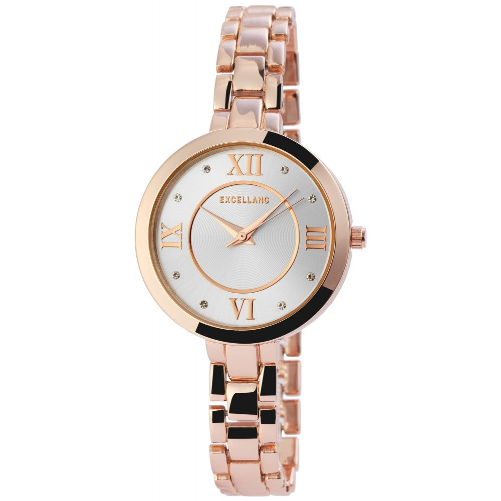 Excellanc dámské hodinky EX0183, barva růžového zlata, Japonský křemenný mechanismus PC21, ciferník stříbrné barvy | -80% Akce na Šperky
