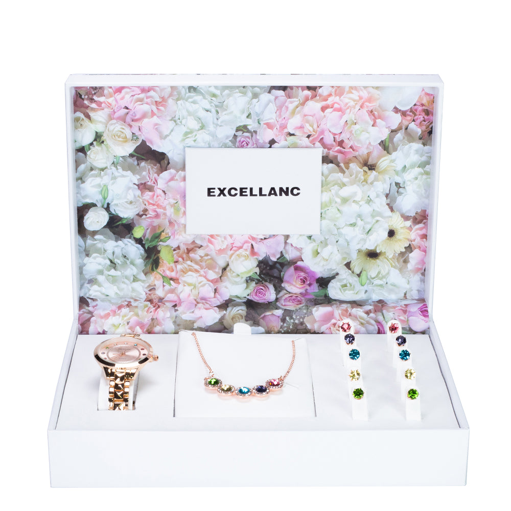 Excellanc Dámská dárková sada Hodinek, 5 párů náušnic a 1 náhrdelníku, s Emporia Krystaly několika barev, Barva růžového zlata