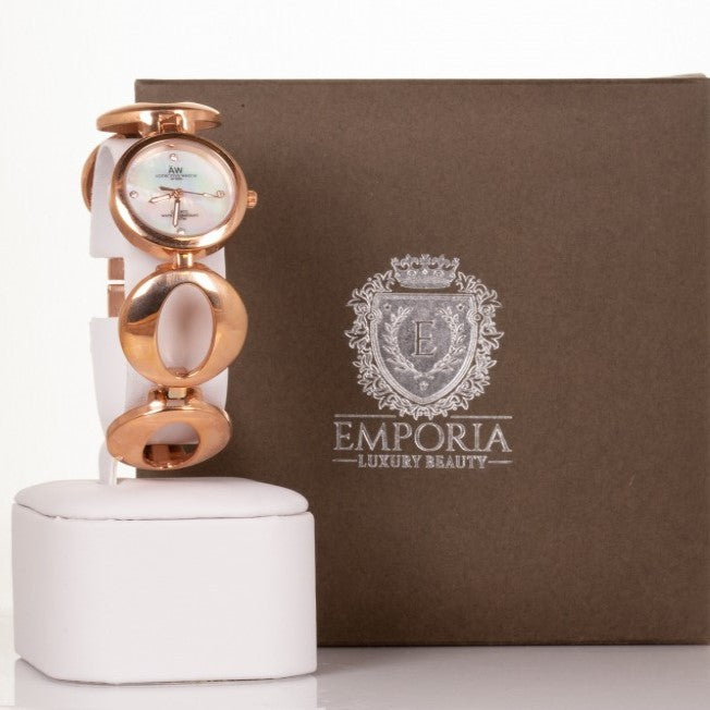 AW dámské hodinky v barvě růžového zlata s řemínkem se symbolem nekonečna a 4 krystaly křemenu | -80% Akce na Šperky