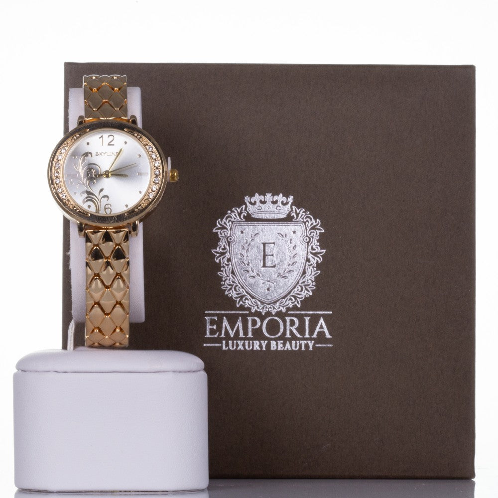 YELLOW GOLD, woman alloy SKYLINE watch with flower dial and quartz crystals with Gift box 1 