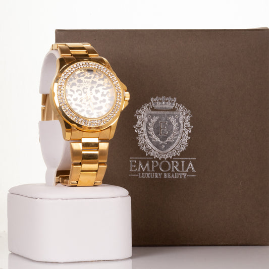 AW dámské hodinky ve zlaté barvě, s ciferníkem v leopardím vzoru a s krystaly křemenu | -80% Akce na Šperky