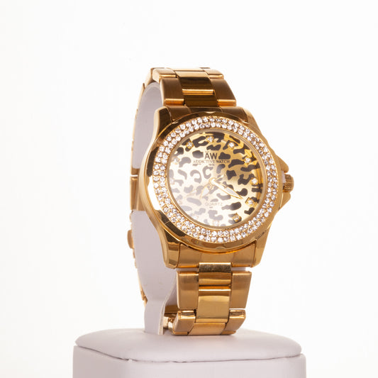AW dámské hodinky ve zlaté barvě, s ciferníkem v leopardím vzoru a s krystaly křemenu | -80% Akce na Šperky