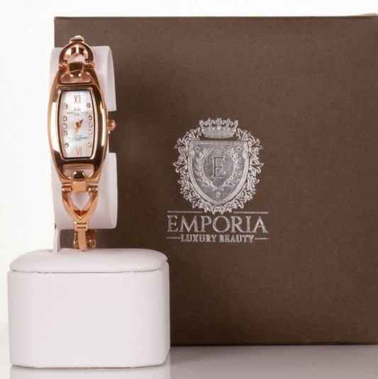 AW dámské hodinky v barvě růžového zlata s trojúhelníkovým řemínkem a krystaly křemenu | -80% Akce na Šperky