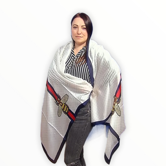 Hedvábná šála-šátek, 90 cm x 180 cm, Včelí vzor, Krémová | -80% Akce na Šperky