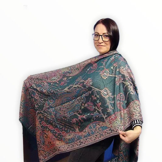 Šála-šátek ze 100% Pravého Pashmina Kašmíru, 70 cm x 180 cm, Lesklý zelenomodrý kašmírový vzor | -80% Akce na Šperky