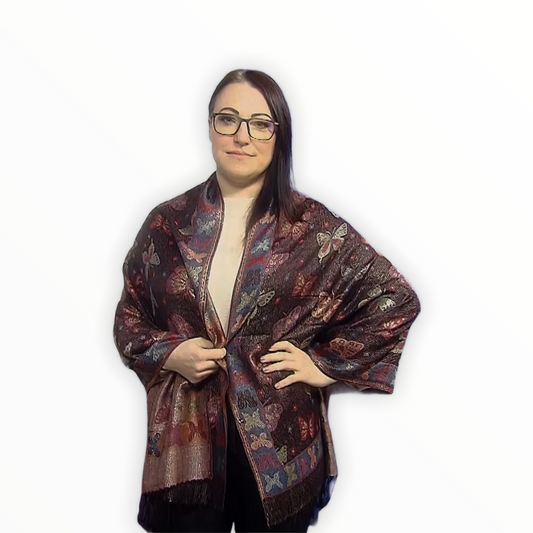 Šála-šátek ze 100% Pravého Pashmina Kašmíru, 70 cm x 170 cm, Lesklá černá s motýlím vzorem | -80% Akce na Šperky