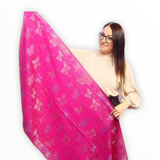 Šála-šátek ze 100% Pravého Pashmina Kašmíru, 70 cm x 170 cm, Lesklá fuchsiová růžová, Motýlí vzor | -80% Akce na Šperky