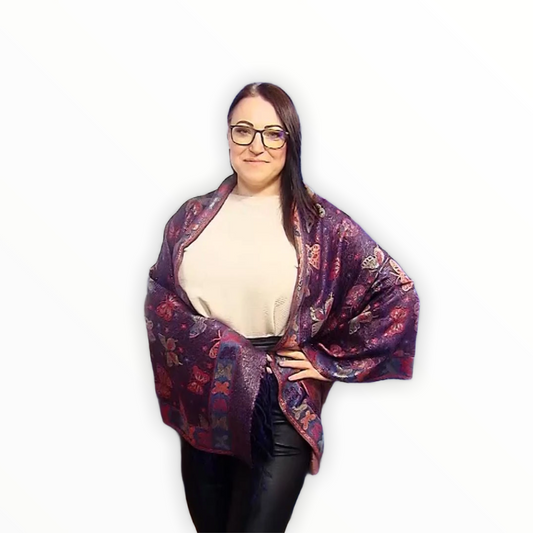Šála-šátek ze 100% Pravého Pashmina Kašmíru, 70 cm x 170 cm, Lesklá tmavě modrá s motýlím vzorem | -80% Akce na Šperky