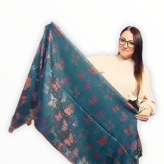 Šála-šátek ze 100% Pravého Pashmina Kašmíru, 70 cm x 170 cm, Zelenomodrá s motýlím vzorem | -80% Akce na Šperky
