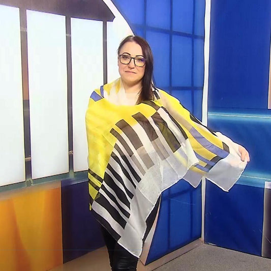Žluto-Černá Šála-šátek s abstraktním obdélníkovým vzorem, 80 cm x 180 cm | -80% Akce na Šperky