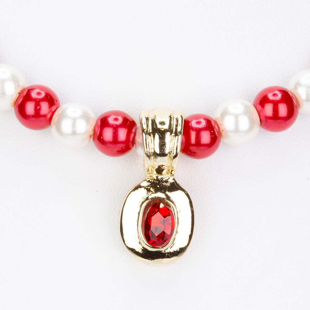 Pozlacená Slitinová Sada s Bílou Perlou a Červeným Emporia® Křišťálem (Náhrdelník+Náušnice+Náramek)