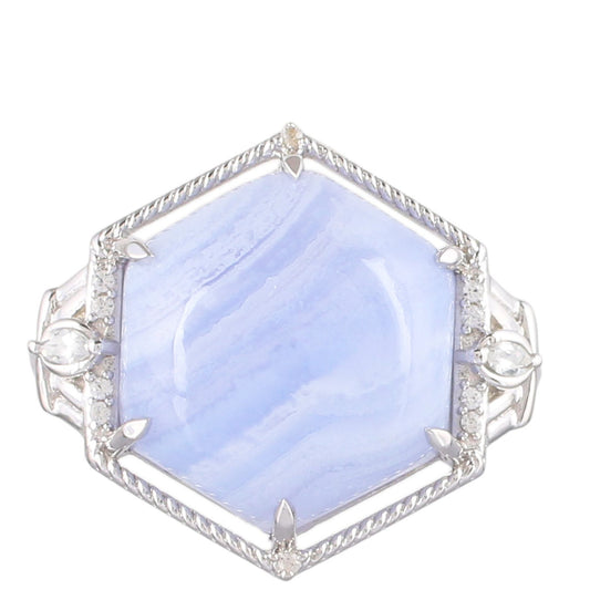 Stříbrný Prsten s Modře Zbarveným Achátem a Přírodním Zirkonem | -80% Akce na Šperky