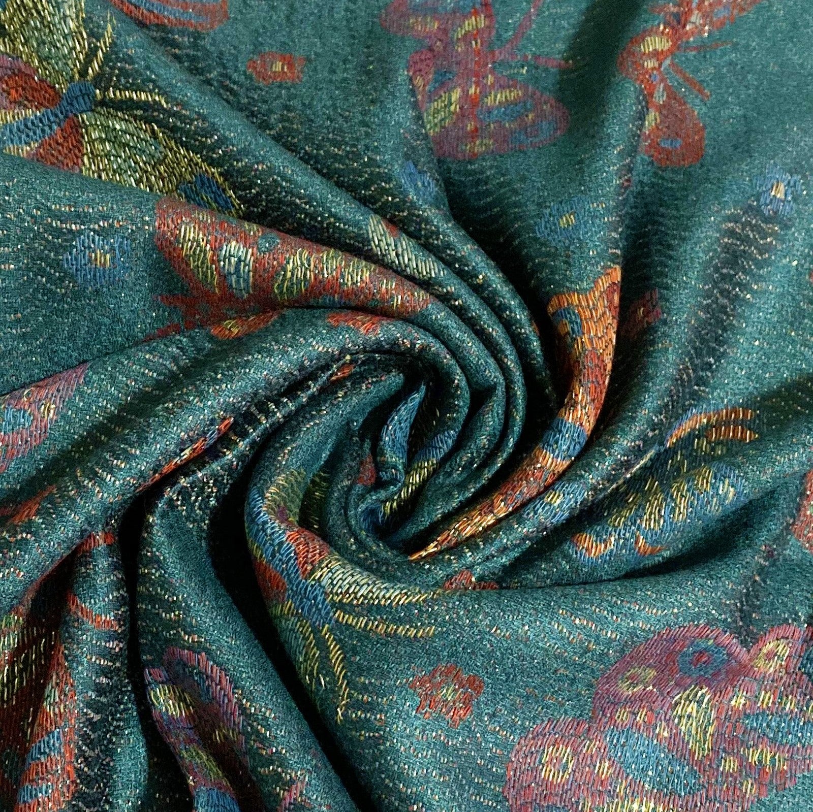 Šála-šátek ze 100% Pravého Pashmina Kašmíru, 70 cm x 170 cm, Zelenomodrá s motýlím vzorem | -80% Akce na Šperky