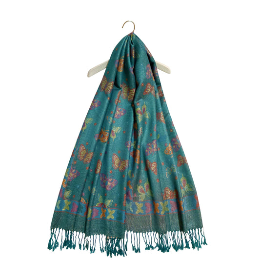 Šála-šátek ze 100% Pravého Pashmina Kašmíru, 70 cm x 170 cm, Zelenomodrá s motýlím vzorem | -80% Akce na Šperky