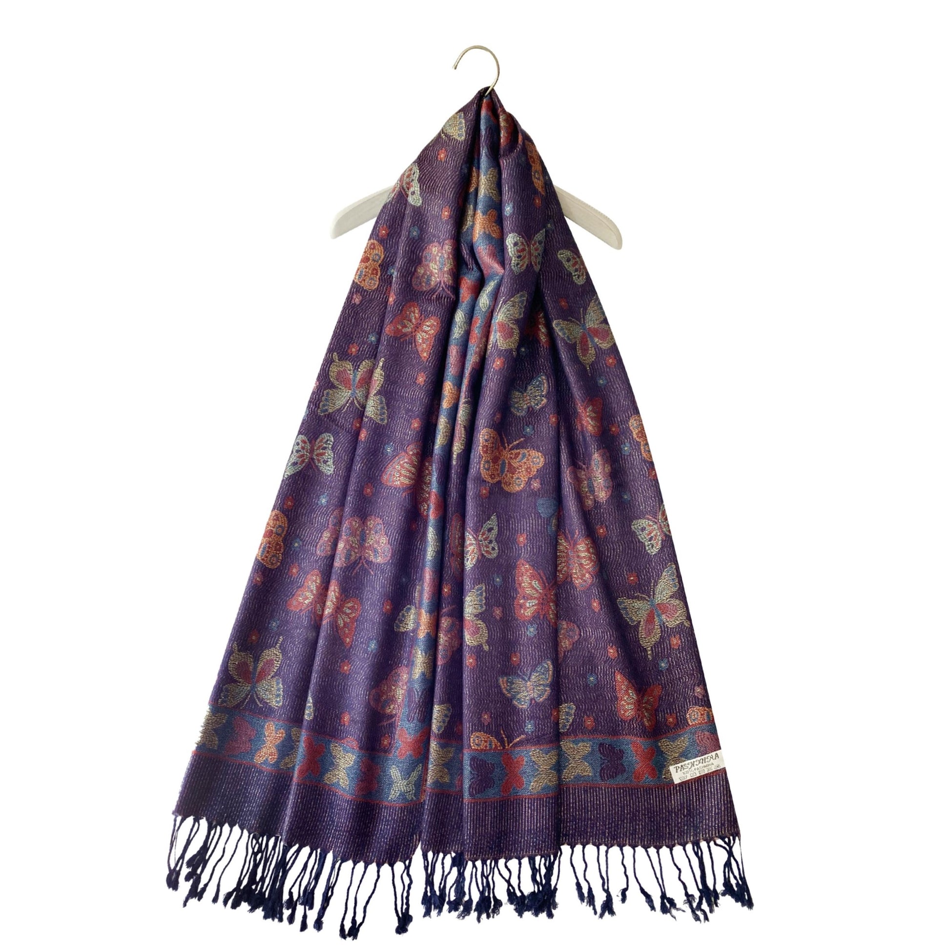 Šála-šátek ze 100% Pravého Pashmina Kašmíru, 70 cm x 170 cm, Lesklá tmavě modrá s motýlím vzorem | -80% Akce na Šperky