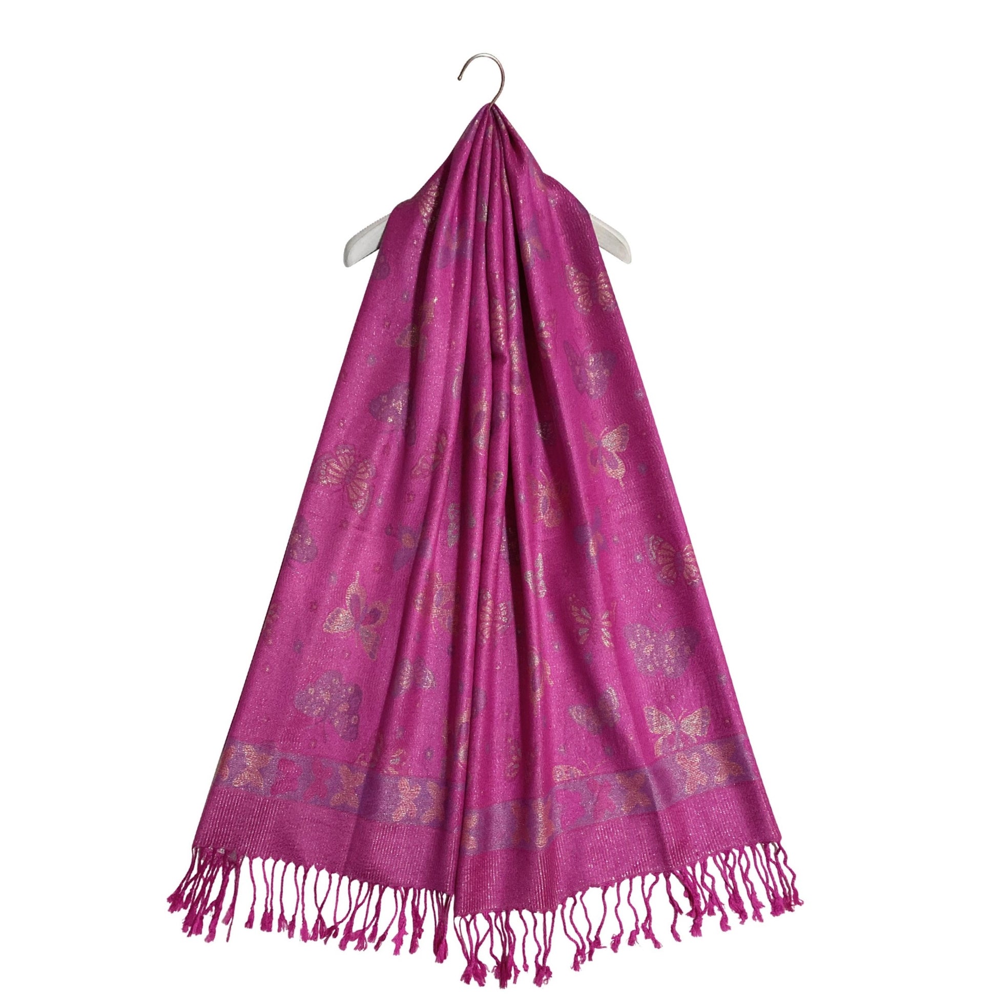Šála-šátek ze 100% Pravého Pashmina Kašmíru, 70 cm x 170 cm, Lesklá fuchsiová růžová, Motýlí vzor | -80% Akce na Šperky
