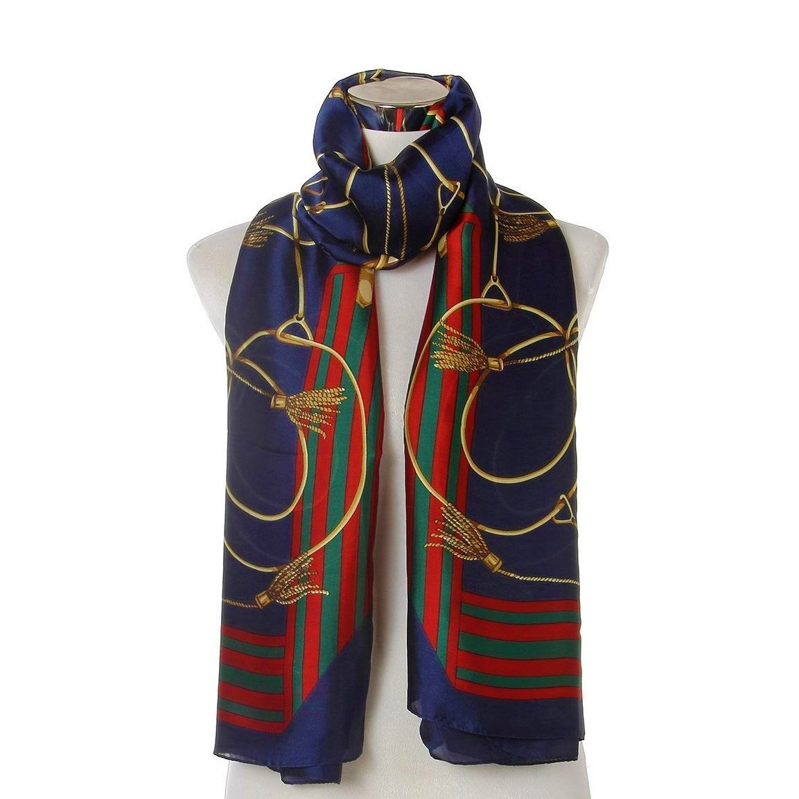 Šála-šátek ze 100% Pravého Hedvábí, 90 cm x 180 cm, Námořnická modrá se zlatým řetězem | -80% Akce na Šperky