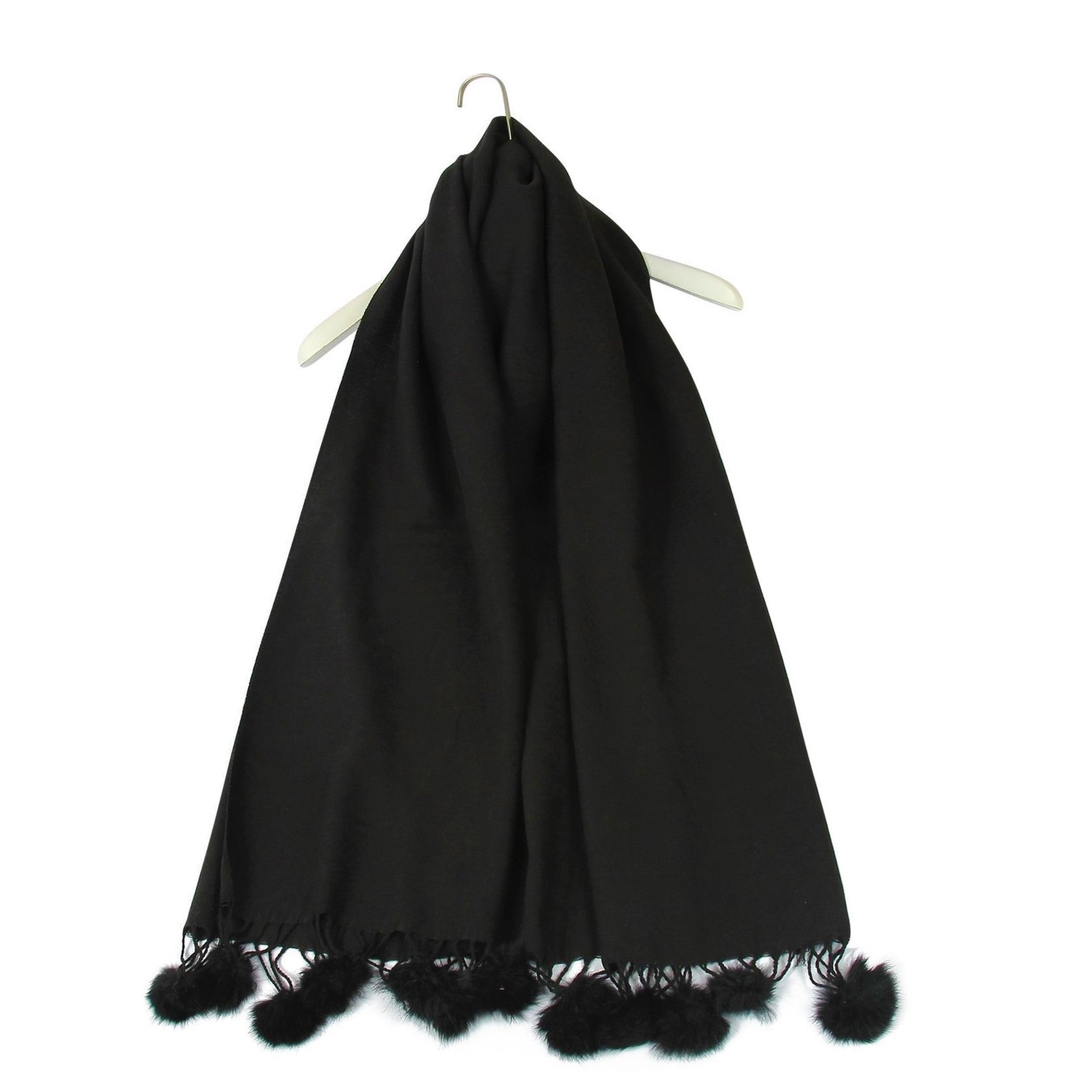 Šála-šátek s Pravou Pom Pom Kožešinou, 60 cm x 170 cm, Černá | -80% Akce na Šperky