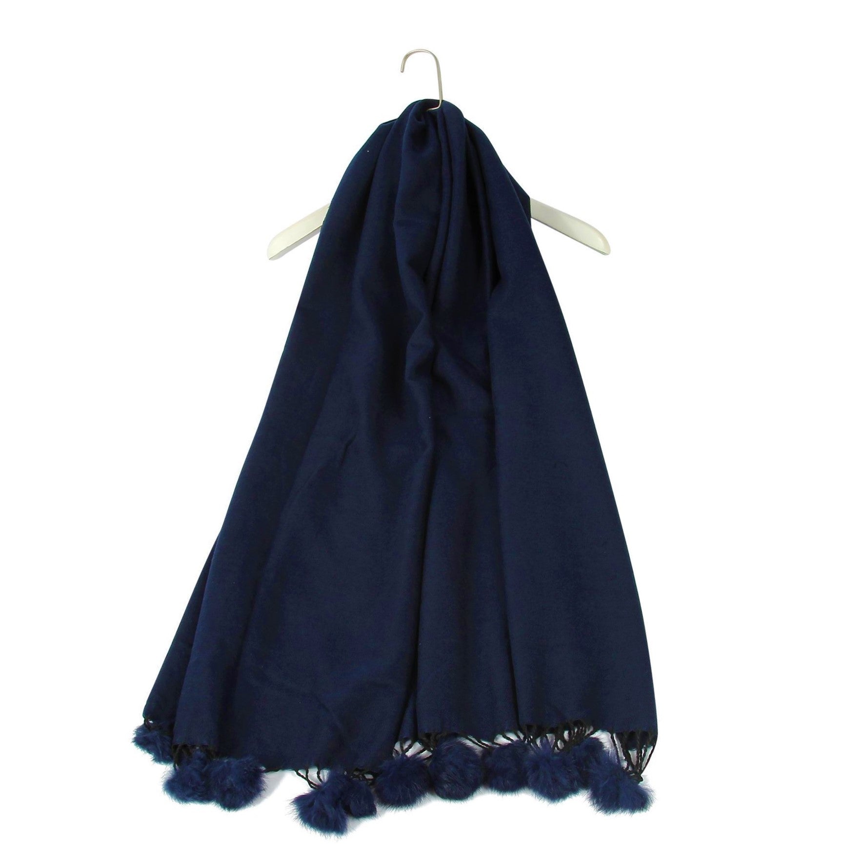 Šála-šátek s Pravou Pom Pom Kožešinou, 60 cm x 170 cm, Námořnická modrá | -80% Akce na Šperky