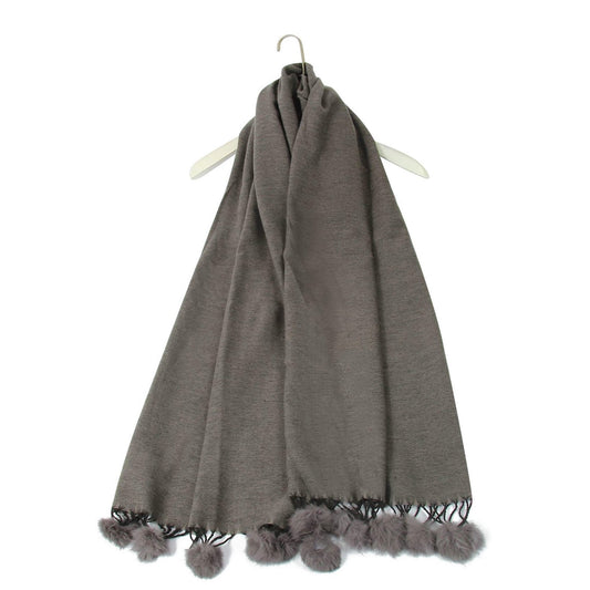 Šála-šátek s Pravou Pom Pom Kožešinou, 60 cm x 170 cm, Šedá | -80% Akce na Šperky
