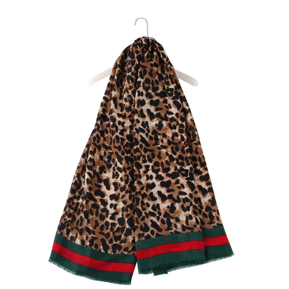 Tlustá Zimní Šála-šátek 90 cm x 180 cm, Leopardí vzor se zelenými a červenými okraji | -80% Akce na Šperky