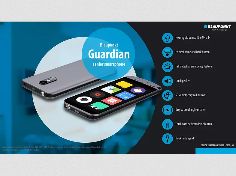 Blaupunkt Guardian Ergonomický Chytrý Telefon Nezávislý na SIM kartě s Funkcí Tísňového Volání